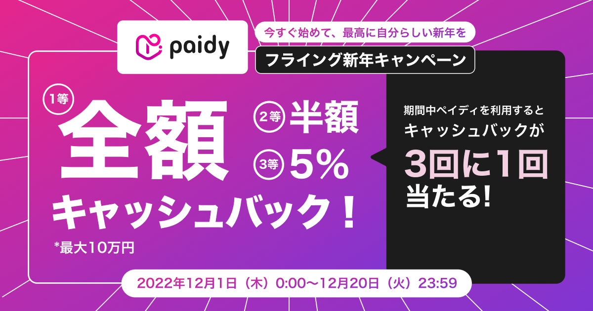 抽選で3回に1回キャッシュバックが当たる!1等全額、2等半額、3等5%キャッシュバック!